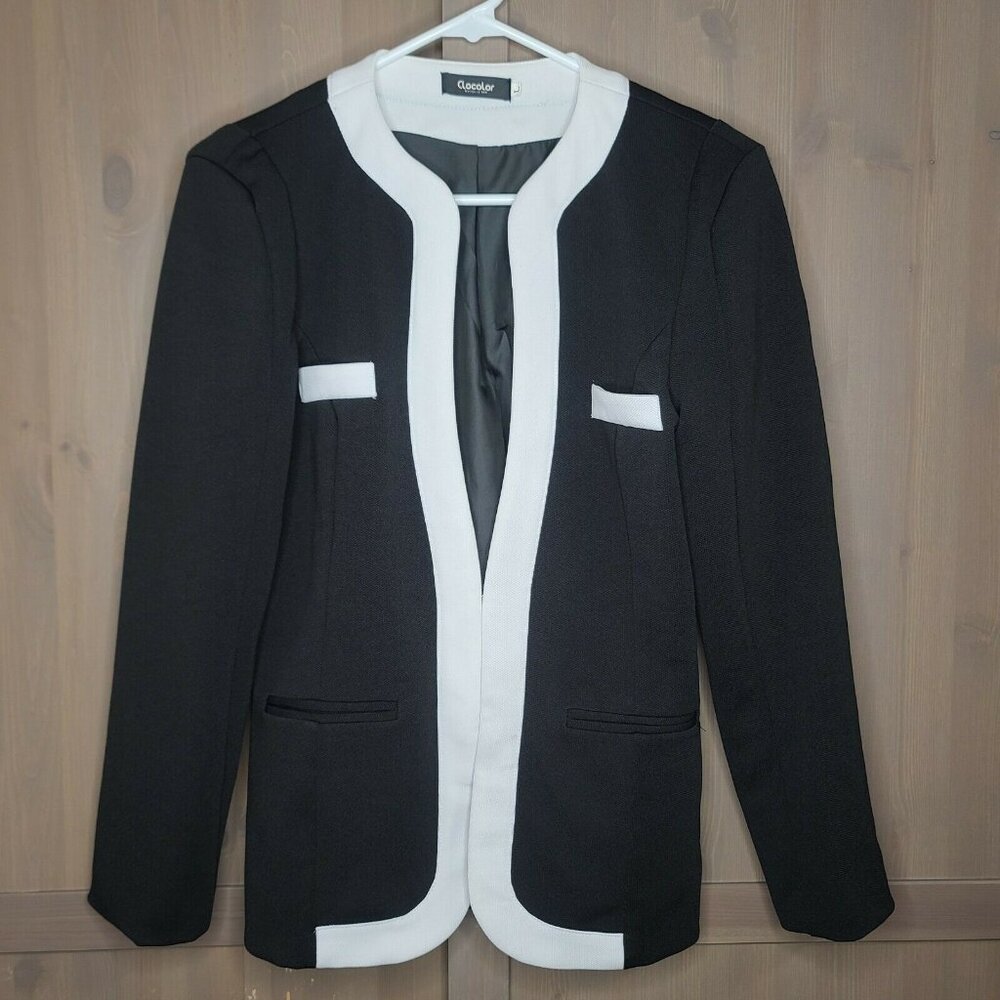 Clocolor Blazer Womens Small Navy White Trim Knit Long Sleeve Hook Eye Closure
